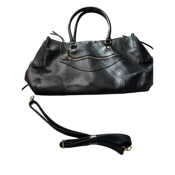 💖Large Black Textured Leather Satchel Bag, Dual Handles & Gold Zipper Accents - Picture 9 of 9
